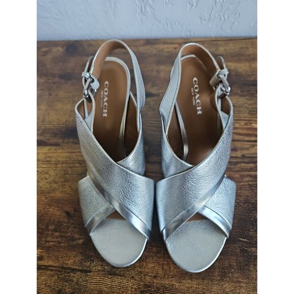 COACH New York Randy Silver Wedge Sandles SZ 6 Sling back holidays party Barbie - Picture 1 of 13